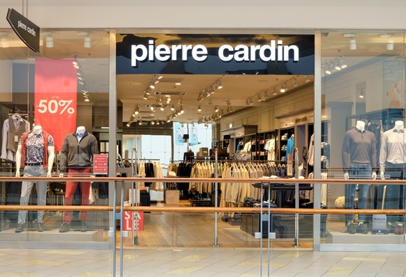 Vilnius, Lithuania - September 07, 2020: Pierre Cardin luxury fashion shop entrance with brand signage in Vilnius, Lithuania