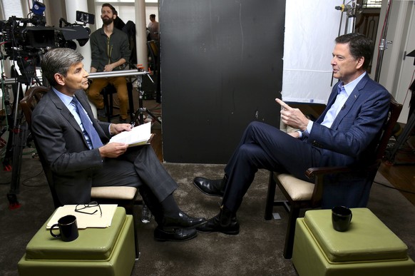 In this image released by ABC News, correspondent George Stephanopoulos, left, appears with former FBI director James Comey for a taped interview that will air during a primetime &quot;20/20&quot; spe ...