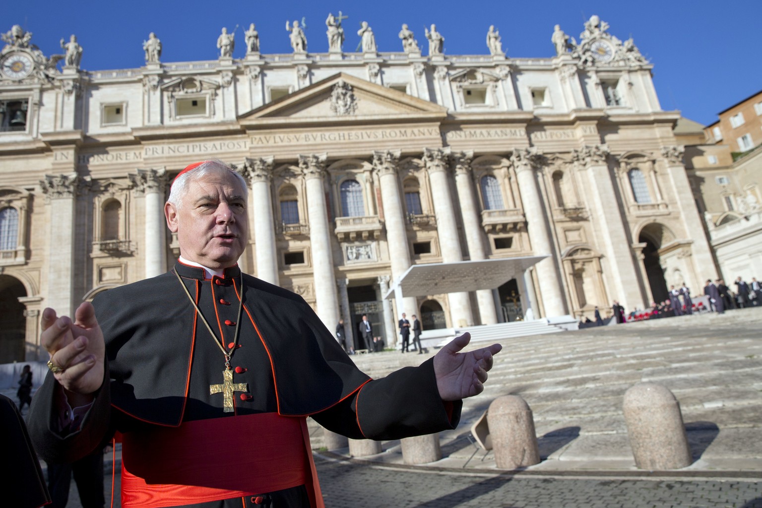 FILE - Cardinal Gerhard Ludwig Mueller arrives in St. Peter&#039;s Square at the Vatican to attend the weekly general audience held by Pope Francis, Nov. 19, 2014. (AP Photo/Andrew Medichini, File)
Va ...