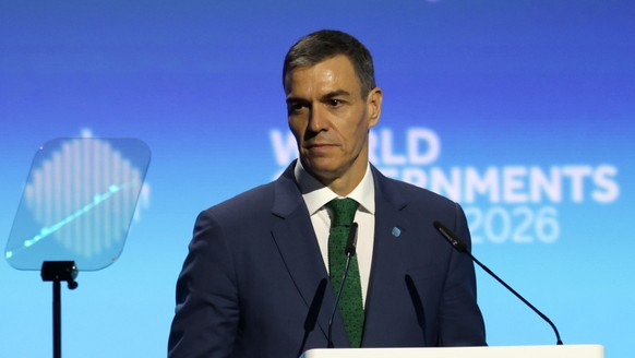 epa12701833 Spain's Prime Minister Pedro Sanchez gives his speech during a session at the World Governments Summit 2026 in Dubai, United Arab Emirates, 03 February 2026. The World Governments Sum ...