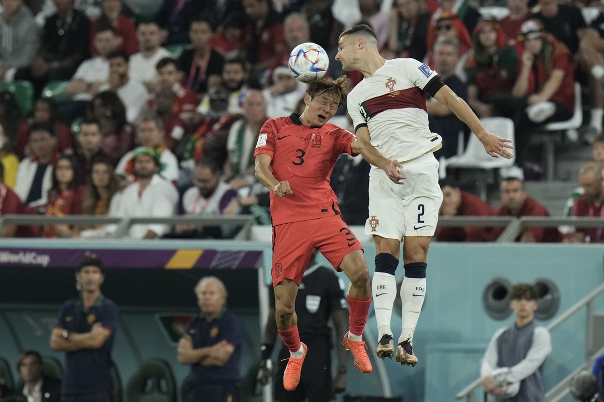 South Korea's Kim Jin-su, and Portugal's Diogo Dalot go for a header during the World Cup group H soccer match between South Korea and Portugal, at the Education City Stadium in Al Rayyan ,  ...