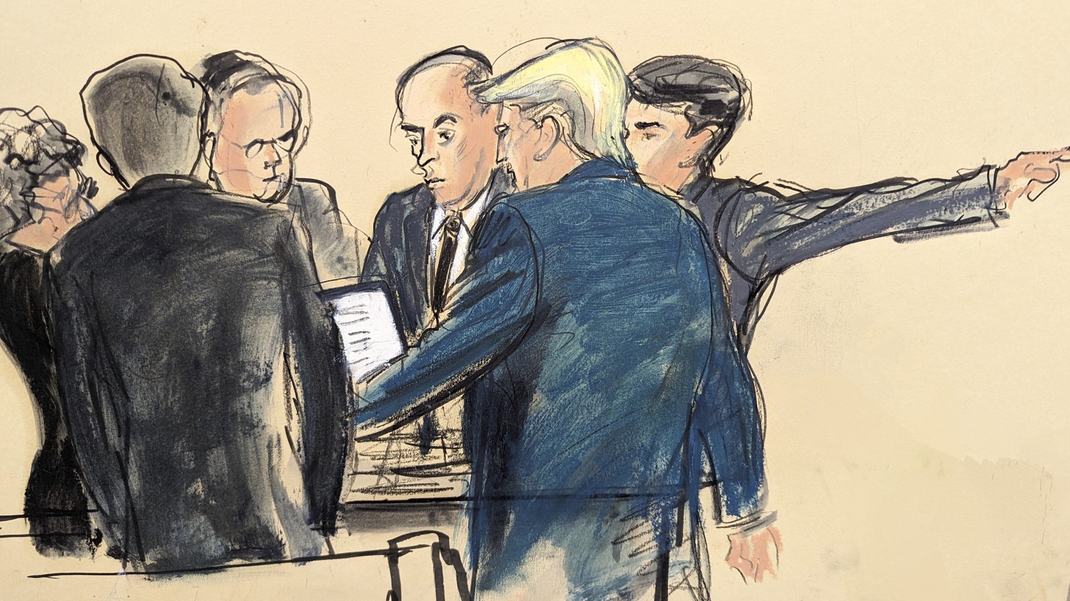 In this courtroom sketch, Donald Trump, second from right, and his defense team discuss jurors after voir dire in Manhattan criminal court, Thursday, April 18, 2024, in New York. (Elizabeth Williams v ...