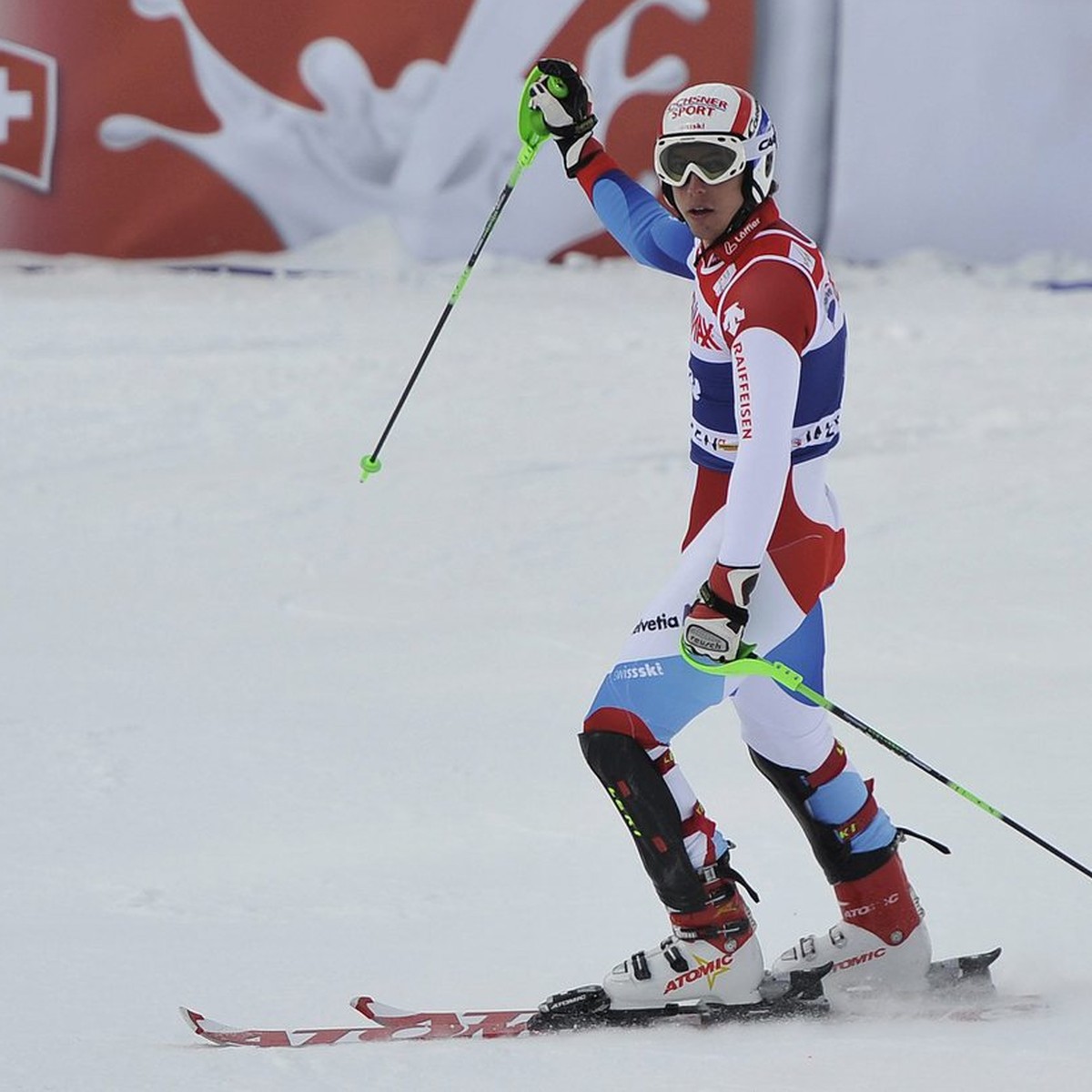 Switzerland's Carlo Janka reacts after the Super Combined Slalom at the FIS Ski World Cup at the Lauberhorn in Wengen, Switzerland, Friday, January 15, 2010. (PHOTOPRESS/Peter Schneider)