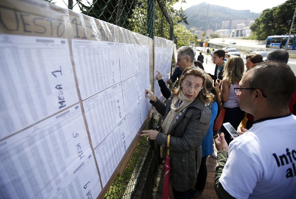 People check a voter list to confirm where they should cast their ballots during legislative elections in Bogota, Colombia, Sunday, March 11, 2018. (AP Photo/Fernando Vergara)
