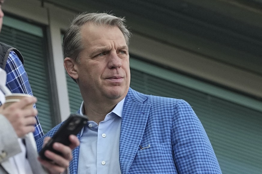 Chelsea joint owner and Chairman Todd Boehly watches from the stands prior to the start of the English Premier League soccer match between Chelsea and Leicester City, at the Stamford Bridge stadium in ...