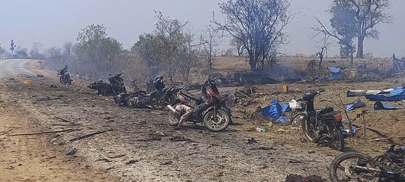 This photo, provided by the Kyunhla Activists Group, shows the aftermath of an airstrike in Pazigyi village in Kanbalu Township in Sagaing, Myanmar, Tuesday, April 11, 2023. Witnesses and independent…