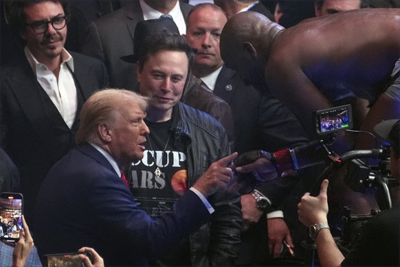 President-elect Donald Trump greets Jon Jones after he defeated Stipe Miocic at UFC 309 at Madison Square Garden, early Sunday, Nov. 17, 2024, in New York. (AP Photo/Evan Vucci)
Donald Trump