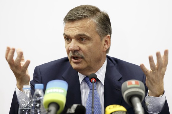 Swiss Rene Fasel, President of the International Ice Hockey Federation, IIHF, speaks to the media during a news press conference, at the 2014 IIHF Ice Hockey World Championships, in Minsk, Belarus, Mo ...