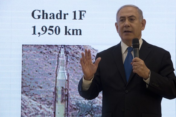 Israeli Prime Minister Benjamin Netanyahu presents material on Iranian nuclear weapons development during a press conference in Tel Aviv, Monday, April 30 2018. Netanyahu says his government has obtai ...