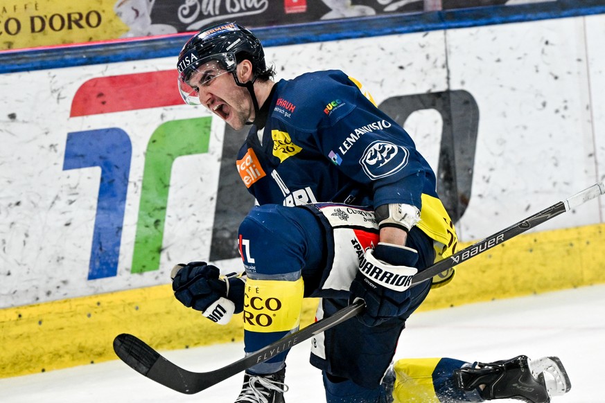Alex Formenton (HCAP) celebrates his goal, during the playout National League game between HC Ambri Piotta and HC Ajoie at the ice stadium Gottardo Arena, Ambrì, March 28, 2026. (KEYSTONE/Ti-Press/And ...