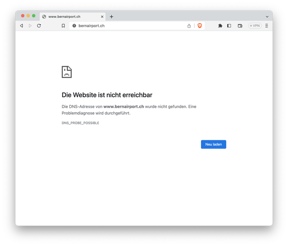 Die Website des Flughafens Bern war am Dienstag (13. Juni 2023) wegen einer DDoS-Attacke nicht erreichbar.