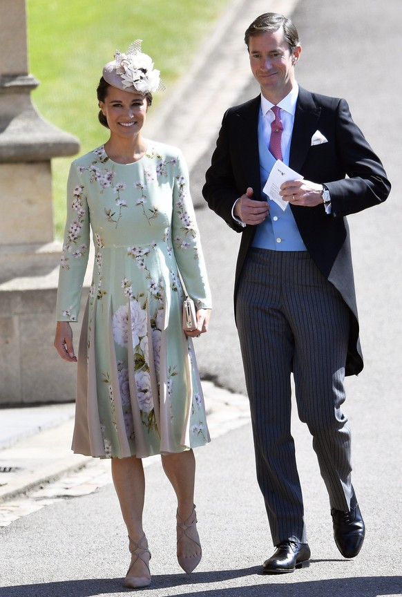 epa06748906 Pippa Middleton (L) arrives with her husband James Matthews (R) for the royal wedding ceremony of Britain&#039;s Prince Harry and Meghan Markle at St George&#039;s Chapel in Windsor Castle ...