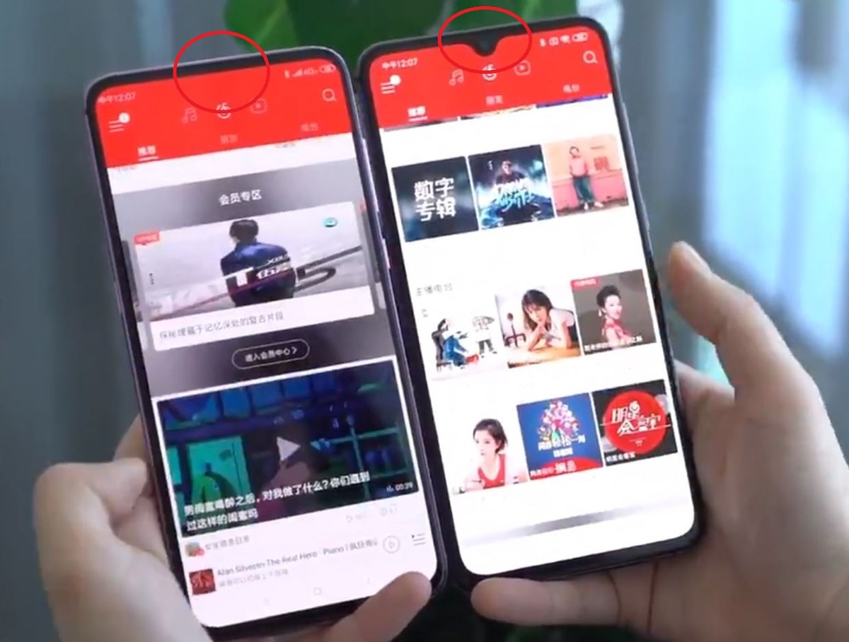 Links: neue, unsichtbare Kamera unter dem Display. Rechts: bisherige Einkerbung (Notch) für die Kamera.