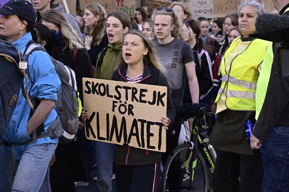 Greta Thunberg participates at a climate strike organized by Fridays For Futures, in connection with the general elections in Sweden, Stockholm, Sept. 9, 2022. (Claudio Bresciani/TT News Agency via AP ...