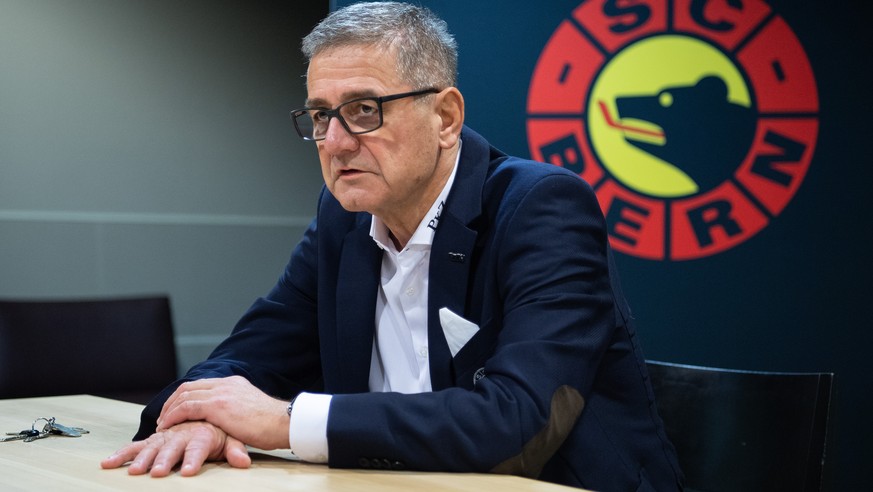 Marc Luethi, CEO des SC Bern spricht an einer Medienkonferenz, am Mittwoch, 23. Februar 2022, in Bern. Luethi ist nach einer Operation wieder genesen und leitet wieder das Tagesgeschaeft. (KEYSTONE/Pe ...