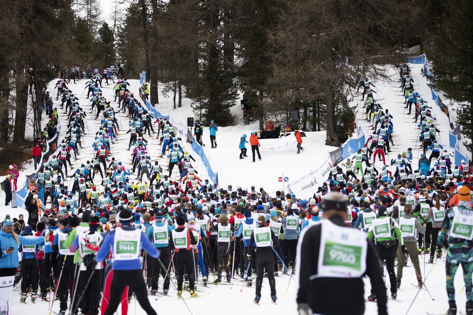 Thousands of sportsmen and -women are on their way from Maloya to S-Chanf as they participate in the 51. annual Engadin skiing marathon, on Sunday, March 10, 2019, in St. Moritz, Switzerland. (KEYSTON ...