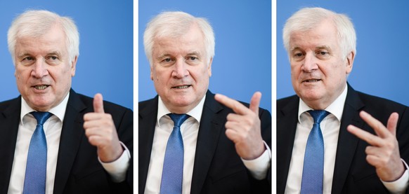 epa07097492 A composite image shows Horst Seehofer, party leader of the Christian Social Union (CSU) and Germaqn Minister of Interior, Construction and Homeland gestures, counting one two three during ...