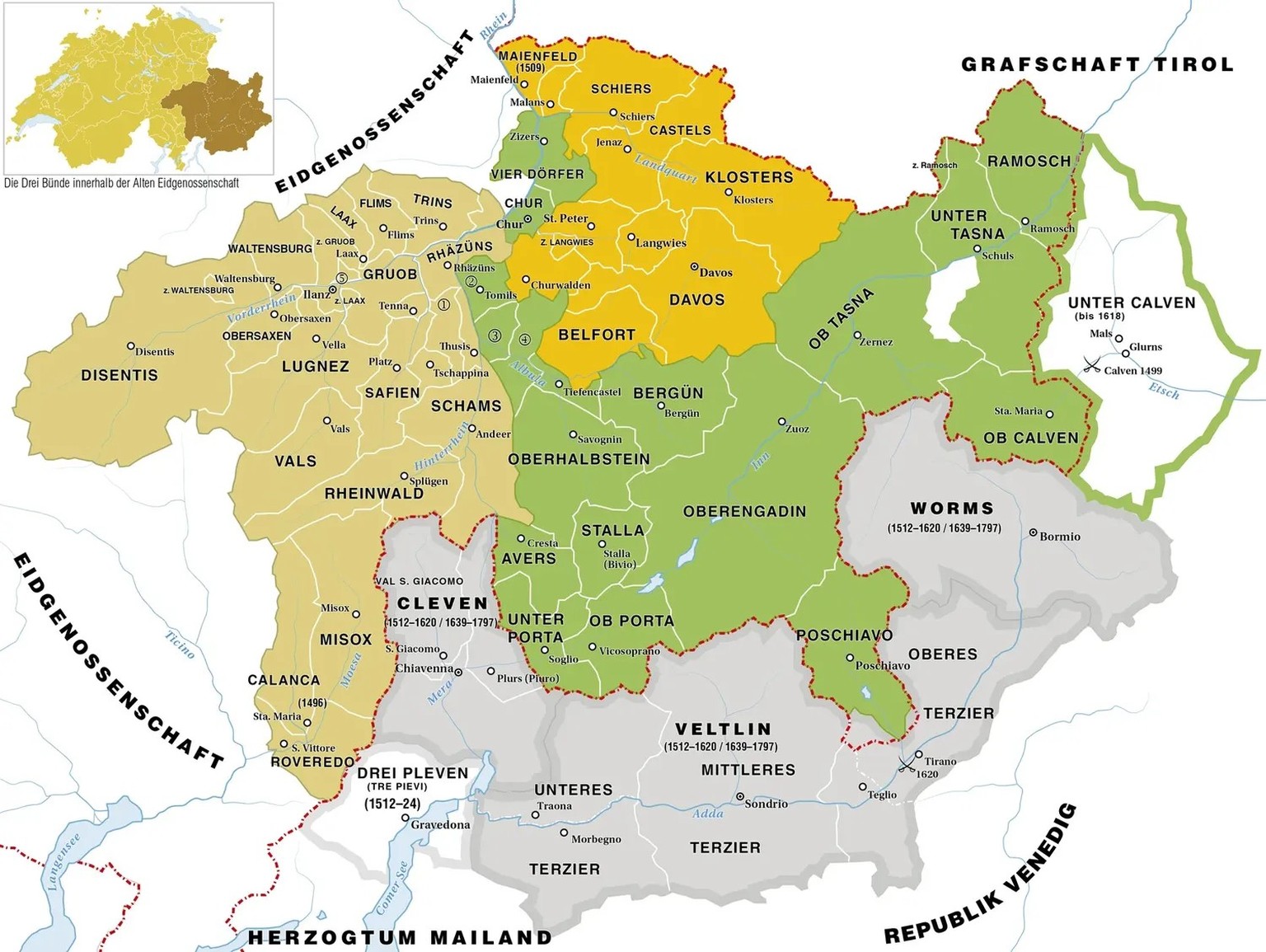 Der Freistaat der Drei Bünde bis 1797. Er bestand aus dem Grauen Bund (braun), dem Zehngerichtebund (orange), dem Gotteshausbund (grün) und ihren gemeinsamen Untertanengebieten (grau). Bis 1797 waren  ...