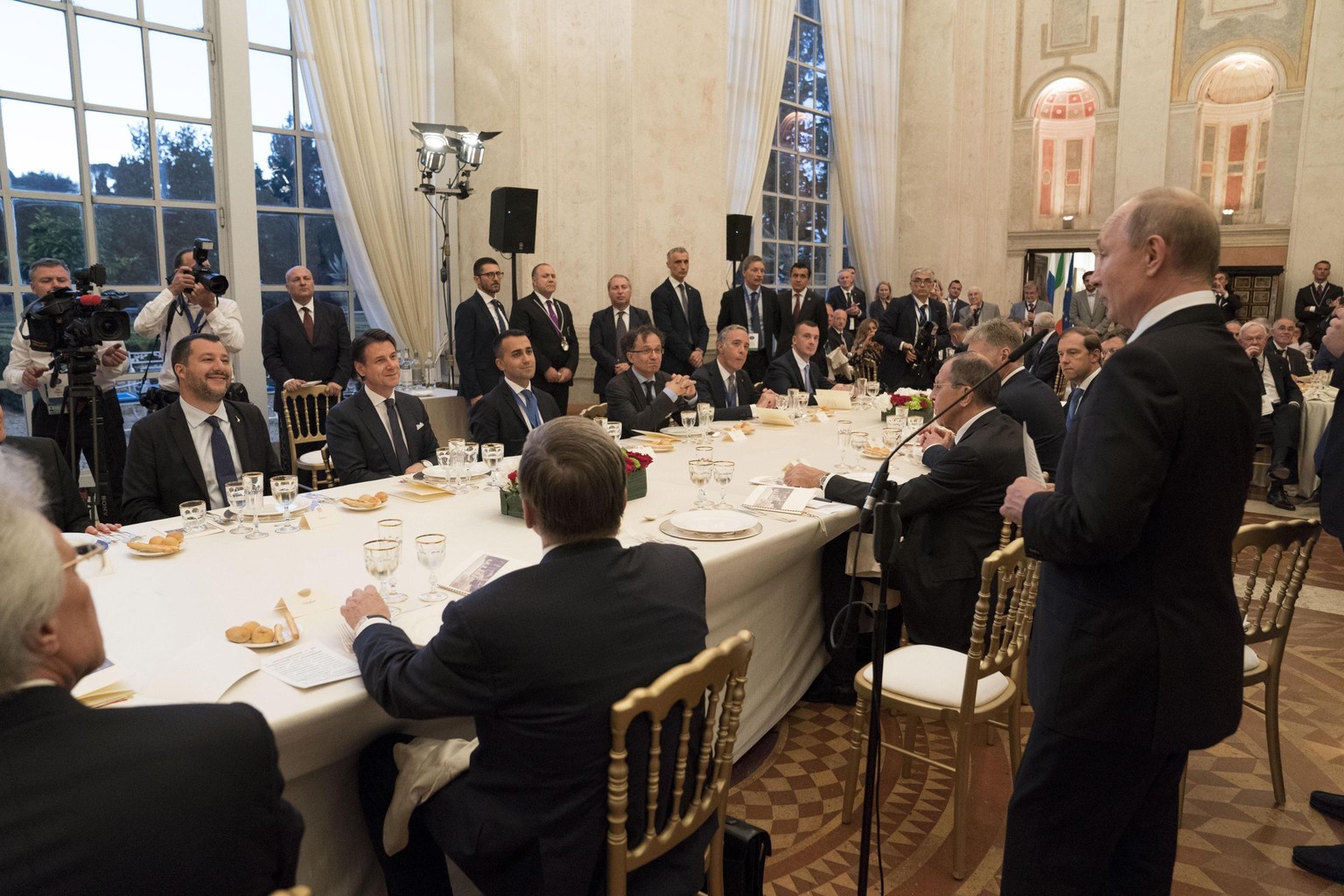 epa07695802 epa07695791 A handout photo made available by the Chigi Palace Press Office showing Italian Prime Minister Giuseppe Conte, Italian Deputy Minister Matteo Salvini, Italian Deputy Minister L ...