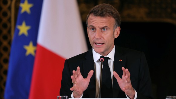 epa12442255 France&#039;s President Emmanuel Macron speaks during a a Ministerial meeting on the implementation of the Middle East peace plan at the Quai d&#039;Orsay, France&#039;s Ministry for Europ ...
