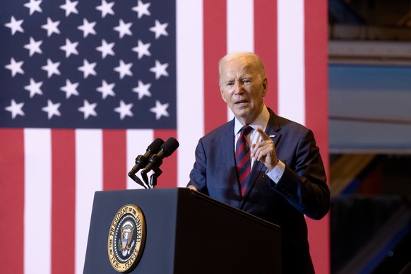 epa10758580 US President Joe Biden delivers remarks on his economic policies at Philly Shipyard in Philadelphia, Pennsylvania, USA, 20 July 2023. President Biden cited job figures and statistics on lo ...