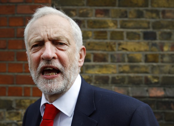 Britain&#039;s Labour party leader Jeremy Corbyn speaks after voting in the general election at a polling station in London, Thursday, June 8, 2017. (AP Photo/Frank Augstein)