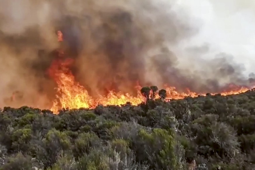In this image made from video, fires burn on Mount Kilimanjaro in Tanzania on Monday, Oct. 12, 2020. Tanzanian authorities say 500 volunteers have been trying to put out a fire on Africa&#039;s talles ...