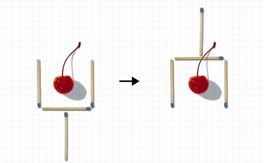 Die Kirsche soll nach dem Umlegen von zwei Hölzern nicht mehr im Glas sein. Das Beispiel hier zeigt eine falsche Lösung. Zwar ist das Glas nach dem Umlegen noch da, doch die Kirsche befindet sich nach ...