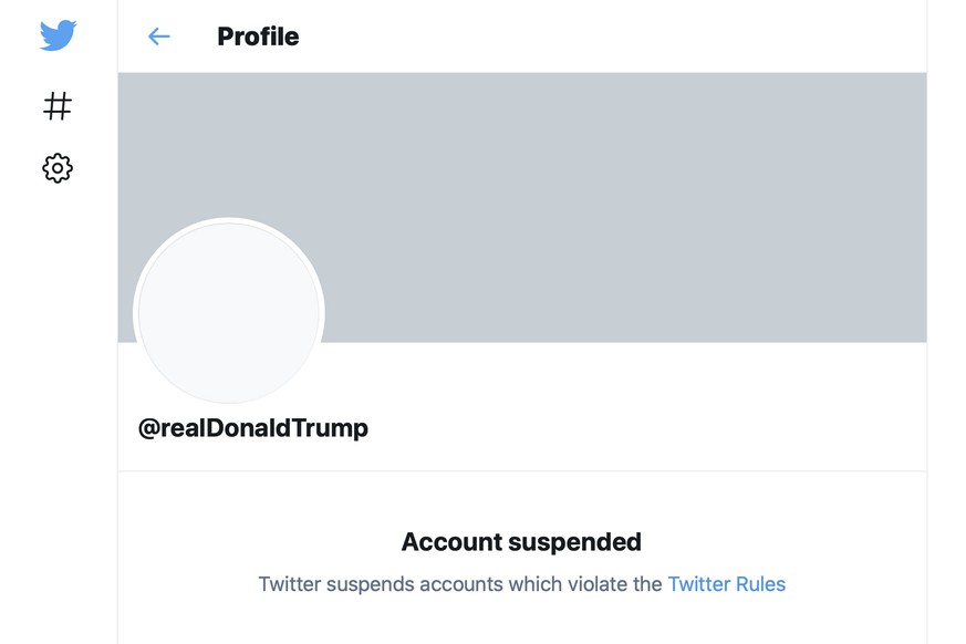 FILE - This Friday, Jan. 8, 2021 file image shows the suspended Twitter account of President Donald Trump. Twitter and Facebook silenced Trump on their platforms on their platforms after the Jan. 6 in ...