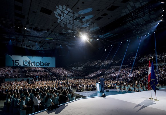 epa06221713 Austrian Foreign Minister Sebastian Kurz, the leader and top candidate of the Austrian Peoples Party (OeVP), delivers a speech during the kick off of the party&#039; election campaign for  ...