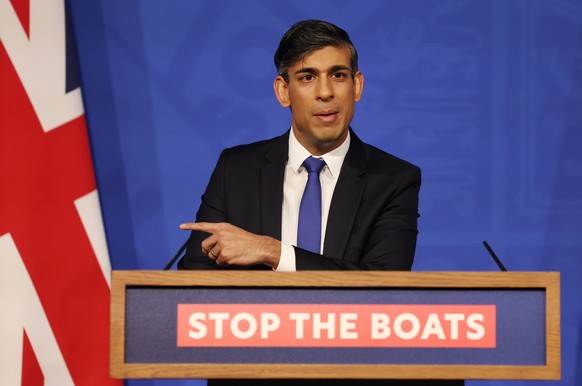 epa11015350 British Prime Minister Rishi Sunak speaks to the media during a press conference at Downing Street in London, Britain, 07 December 2023. Sunak is under pressure following the resignation o ...