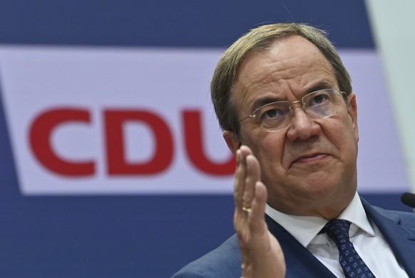 North Rhine-Westphalia&#039;s State Premier, chairman of the Christian Democratic Union party and candidate for Chancellery Armin Laschet addresses journalists after a party&#039;s leaders meeting in  ...