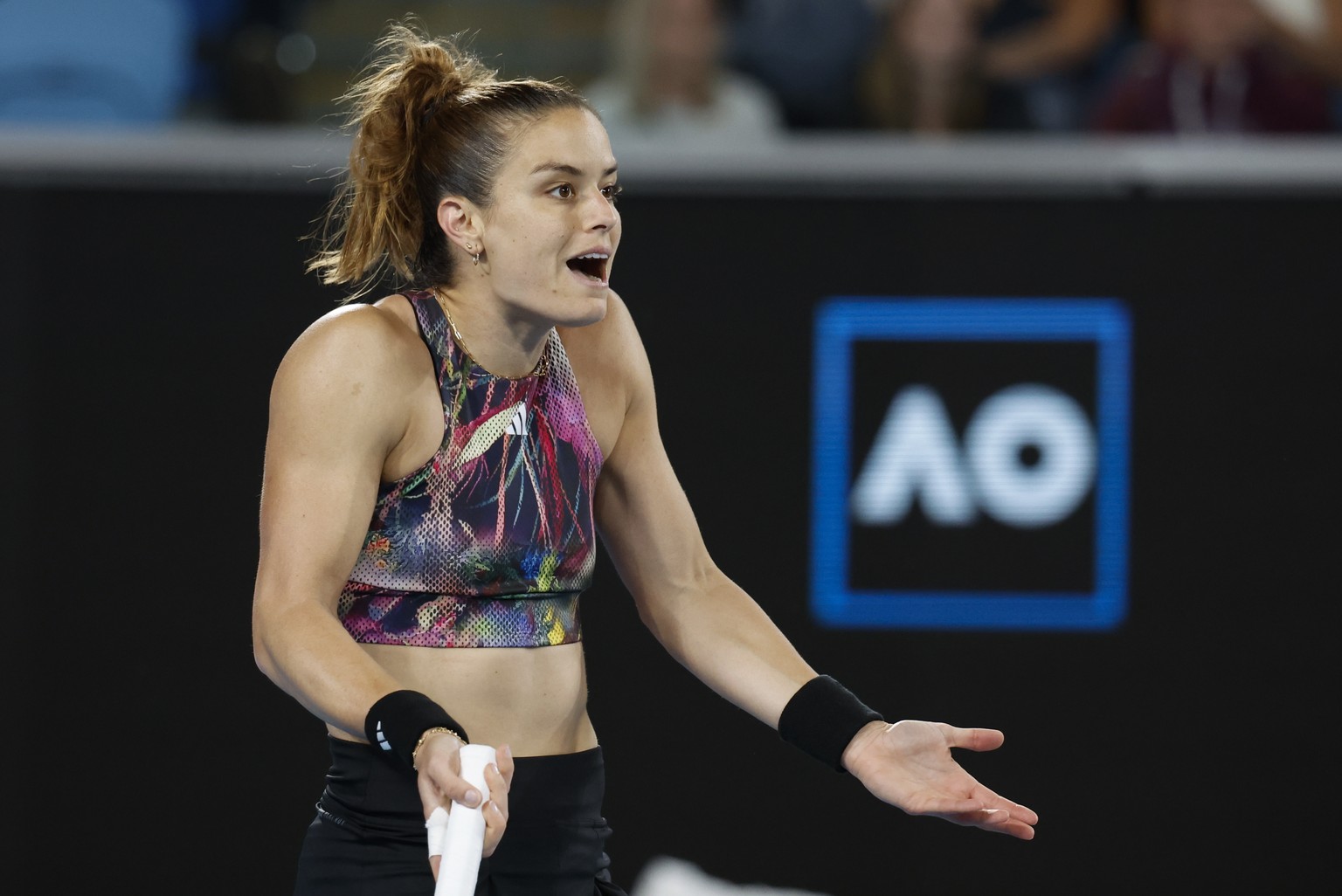 Maria Sakkari of Greece reacts during her third round match against Zhu Lin of China at the Australian Open tennis championship in Melbourne, Australia, Saturday, Jan. 21, 2023. (AP Photo/Asanka Brend ...