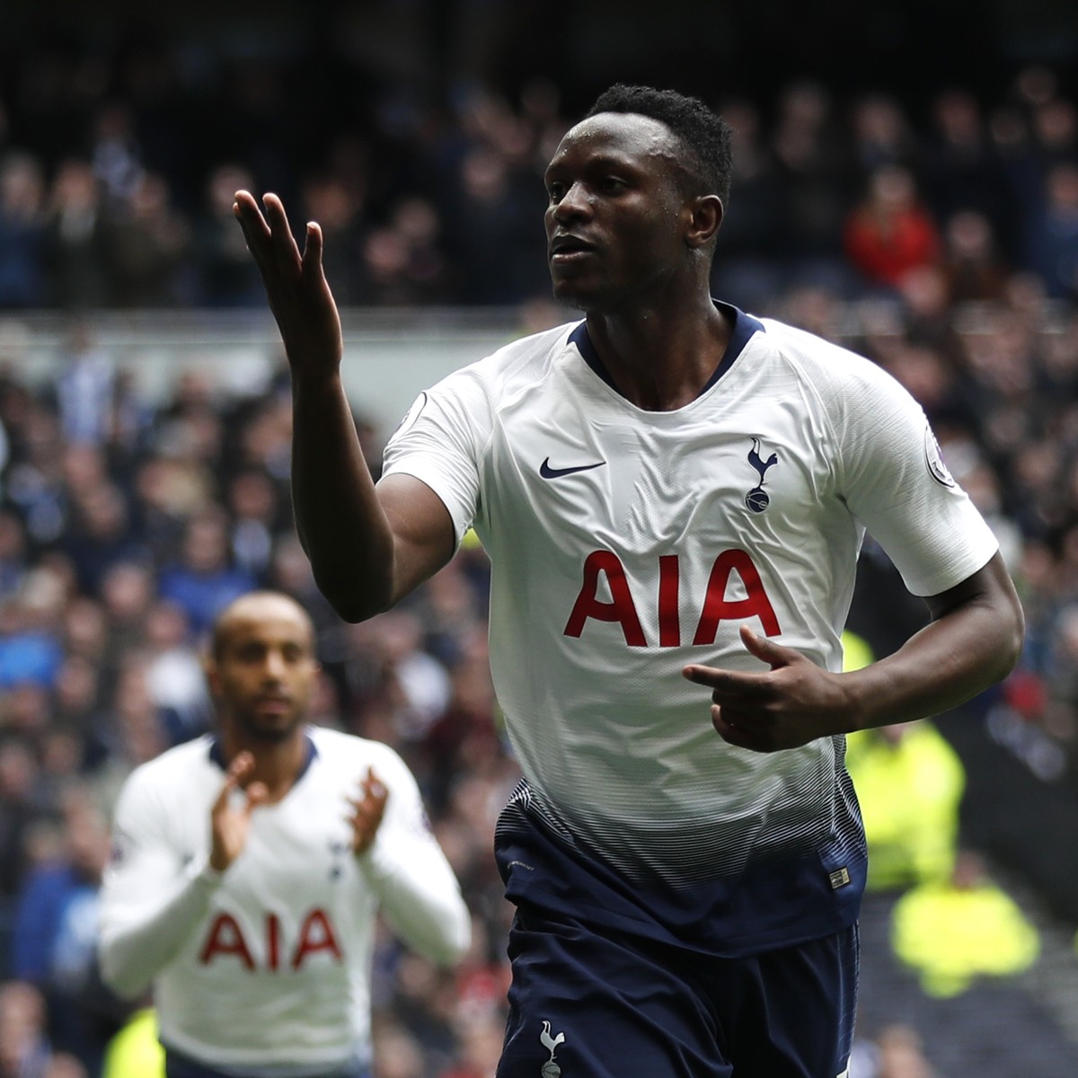 Tottenham's Victor Wanyama celebrates after scoring his side's opening goal during the English Premier League soccer match between Tottenham Hotspur and Huddersfield Town at Tottenham Hotspu ...