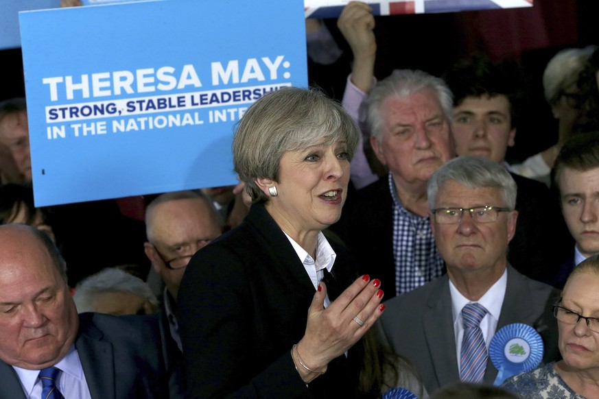 epa05939147 British Prime Minister Theresa May speaks to party members in Mawdsley, Britain, 01 May 2017. Voters go the Polls in Britain on 08 June to elect a new Government. Voters go to the Polls in ...