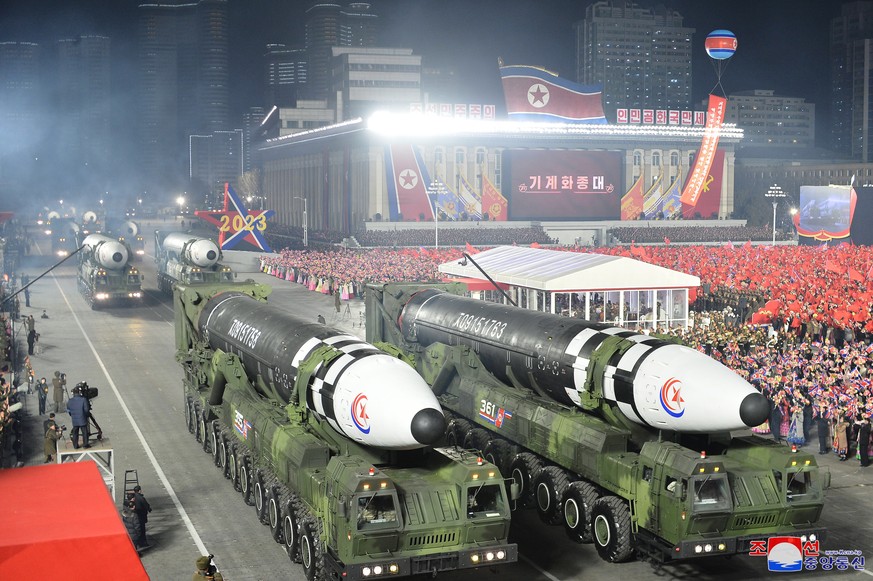 epa10455994 A photo released by the official North Korean Central News Agency (KCNA) shows Hwasong-17 intercontinental ballistic missiles during a military parade in Kim Il Sung Square to...