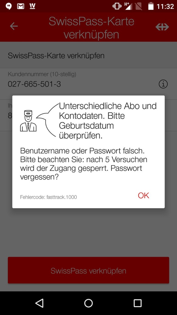 SwissPass, Fehlermeldung Verknüpfung