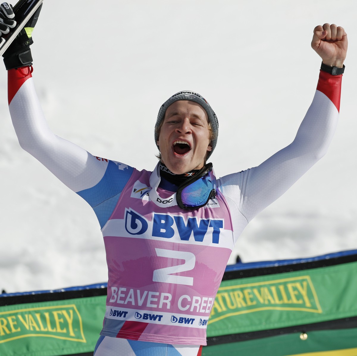 Switzerland's Marco Odermatt celebrates his first-place finish in the Men's World Cup super-G skiing race Friday, Dec. 6, 2019, in Beaver Creek, Colo. (AP Photo/John Locher)
