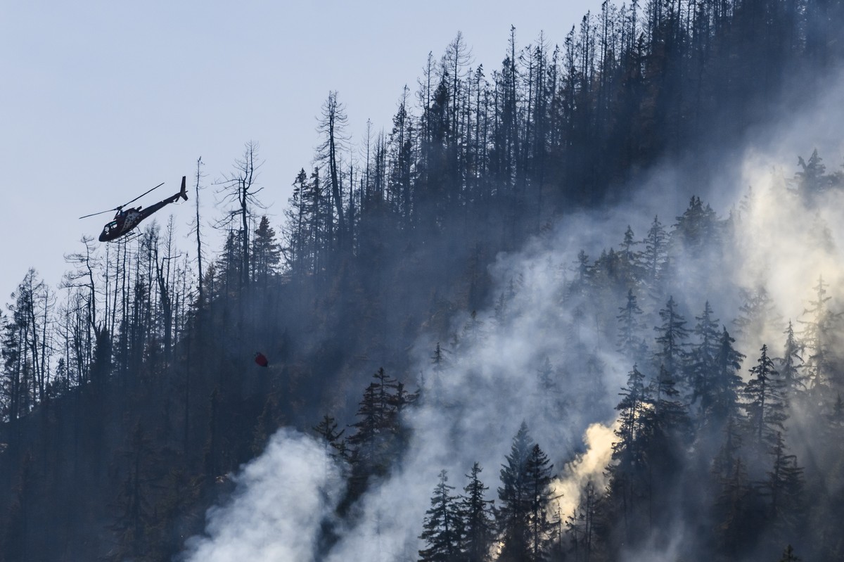 Un helicoptere de la compagnie Air Zermatt, verse de l'eau pour eteindre les foyers dans la foret au-dessus des communes de Bitsch et Ried-Moerel le jeudi 20 juillet 2023 depuis Moerel Filet. Six ...