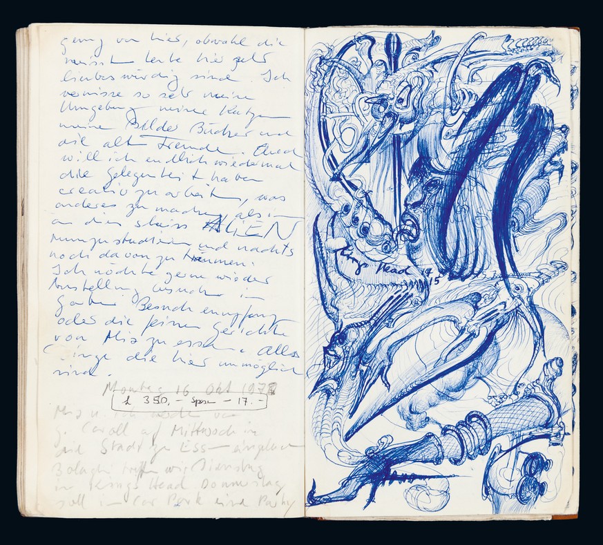Zwar sind die Leute bei den Arbeiten an «Alien» «sehr liebenswürdig», trotzdem hat Giger das Ausseridischen-Theater satt und will endlich wieder nach Hause und etwas Richtiges essen. Tagebucheint ...
