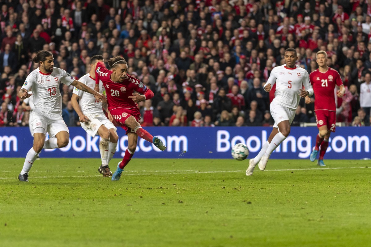 Denmark's Yussuf Poulsen scores during the UEFA Euro 2020 qualifying Group D soccer match between Denmark and Switzerland at the Telia Parken stadium in Kopenhagen, Denmark, on Saturday, October  ...