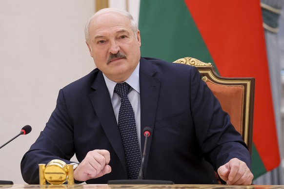 FILE - In this May 28, 2021, file photo, Belarus President Alexander Lukashenko addresses prime ministers from countries that were once part of the former Soviet Union at a meeting, in Minsk, Belarus. ...