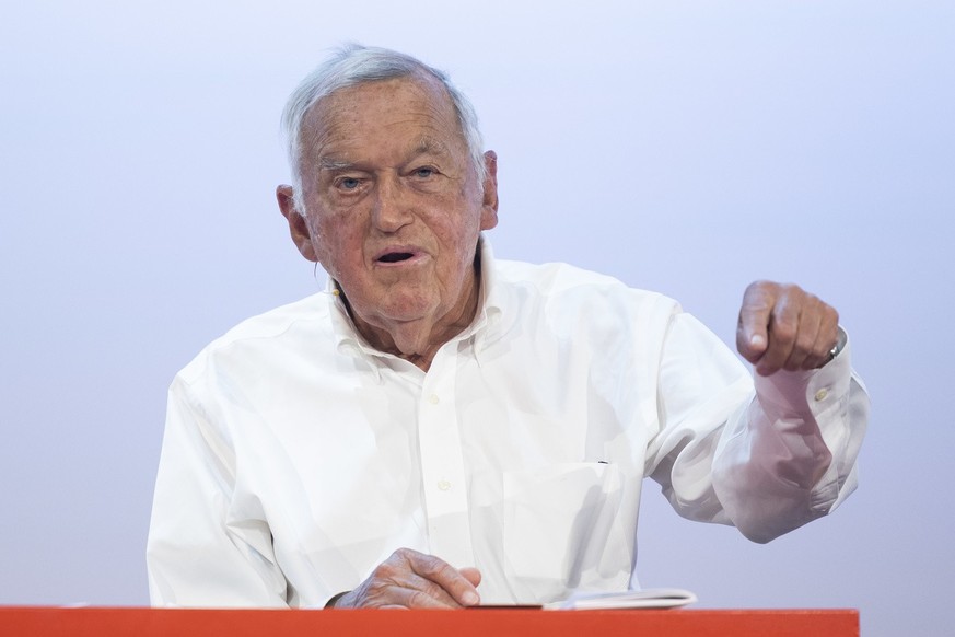 Entrepreneur Hansjörg Wyss speaks during an interview on the stage at the Spirit of Bern conference, in Bern, Switzerland, 23 August 2022. The theme for this year&#039;s Spirit of Bern conference is & ...