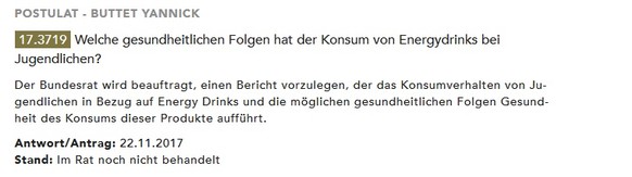 Yannick Buttet tritt als CVP-Vize zurÃ¼ck und macht Alkohol-Entzug
Hihi, sich aber um die Gesundheitsfolgen des Energydrinkkonsums bei Jugendlichen sorgen...^^

Quelle: https://www.parlament.ch/de/r ...