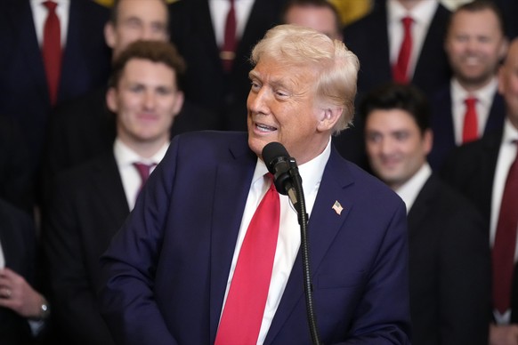 President Donald Trump speaks during a ceremony with the Florida Panthers NHL hockey team to celebrate their 2024 Stanley Cup victory in the East Room of the the White House, Monday, Feb. 3, 2025, in  ...