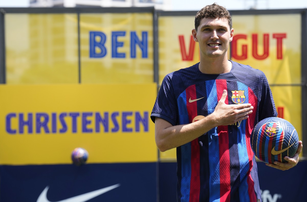 epa10056669 Danish defender Andreas Bodtker Christensen during his presentation as a new player of the FC Barcelona at Sant Joan Despi Sports Center of Barcelona, Catalonia, Spain, 07 July 2022. EPA/A ...