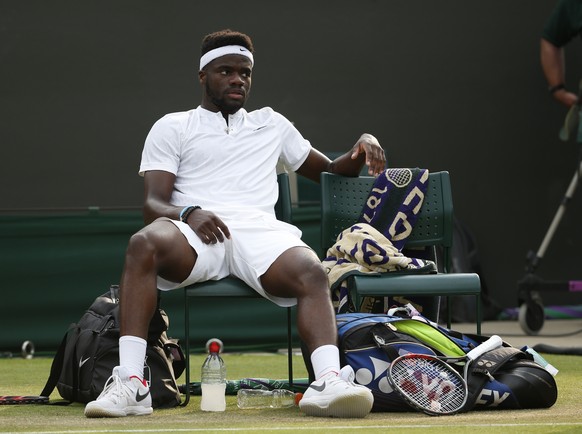 Frances Tiafoe of the United States looks dejected during his Men&#039;s Singles Match against Germany&#039;s Alexander Zverev on day four at the Wimbledon Tennis Championships in London Thursday, Jul ...