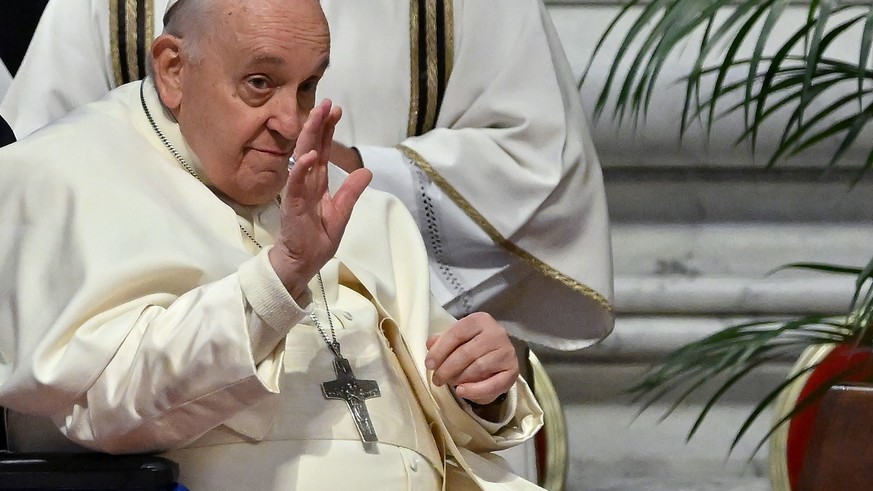 epa10561270 Pope Francis leaves after the Mass of the Chrism at the Saint Peter&#039;s Basilica in the Vatican City, 06 April 2023. During the mass the Pope blesses Chrism oil which is used for the re ...