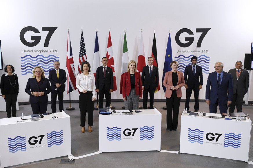 G7 Foreign and Development Ministers pose for a group photo in Liverpool, England Sunday, Dec. 12, 2021. Foreign Secretary Liz Truss is hosting U.S. Secretary of State Antony Blinken and other Group o ...