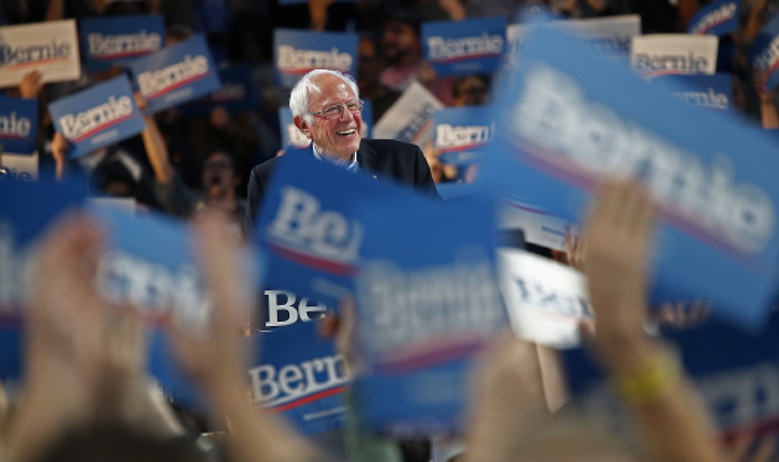 epa08242198 Democratic presidential candidate Senator Bernie Sanders speaks at a rally inside the University of Houston Fertitta Center in Houston, Texas, USA, 23 February 2020. EPA/LARRY W. SMITH